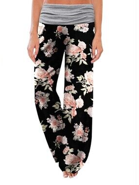 Gracyoga Wide Leg Floral Lounge Pants - Black with Pink Bloom